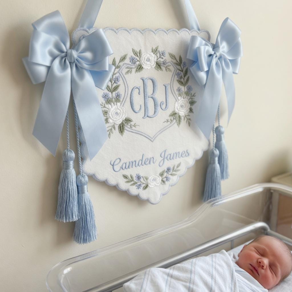 Embroidered Floral Crest Tassel Sign, Custom Monogram Baby Name Plaque, Hospital Door Newborn Keepsake