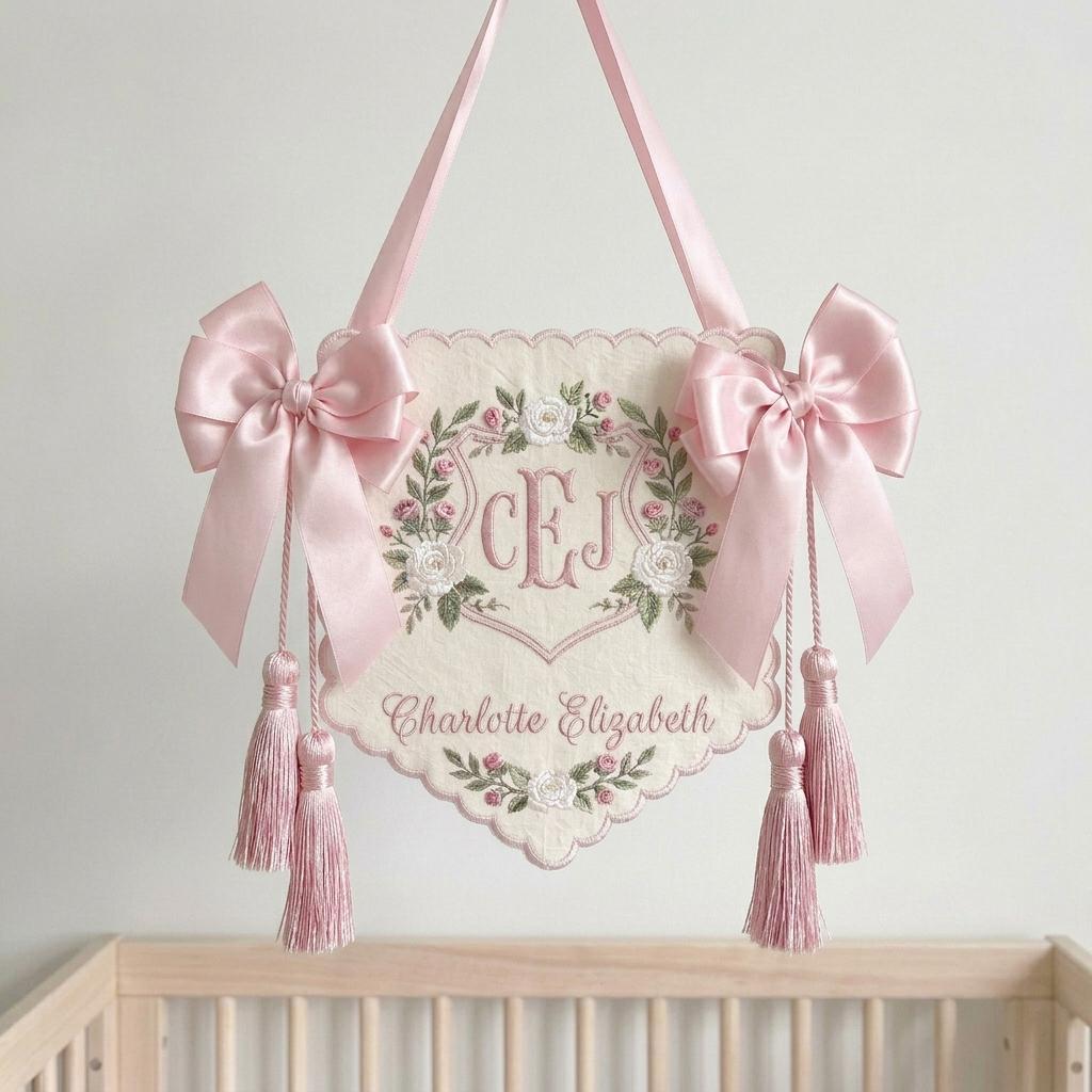 Embroidered Floral Crest Tassel Sign, Custom Monogram Baby Name Plaque, Hospital Door Newborn Keepsake