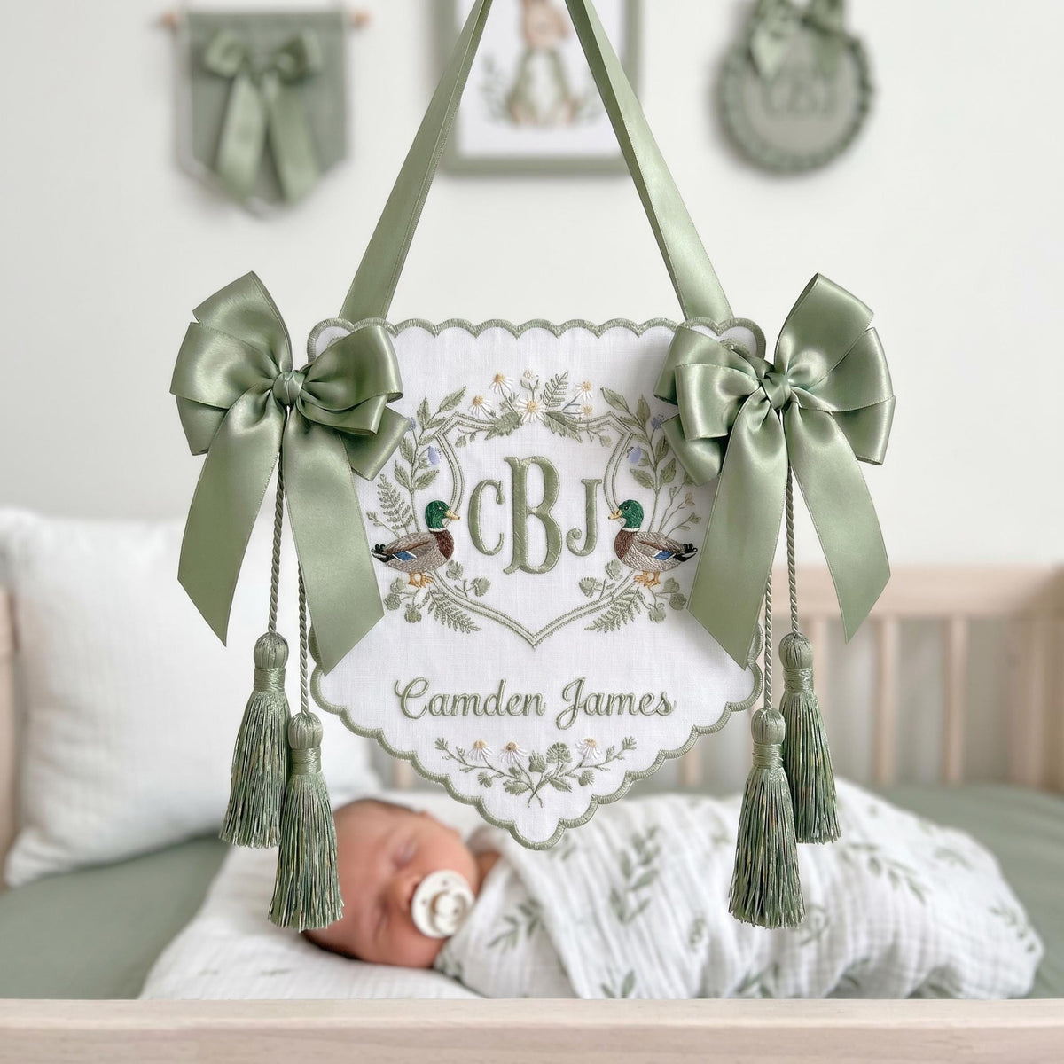 Embroidered Duck Crest Baby Sign, Custom Monogram Sage Tassel Plaque, Newborn Nursery Keepsake Gift