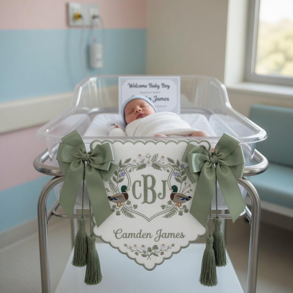 Personalized Duck Crest Name Plaque, Embroidered Monogram Sage Baby Sign, Newborn Nursery Keepsake Decor