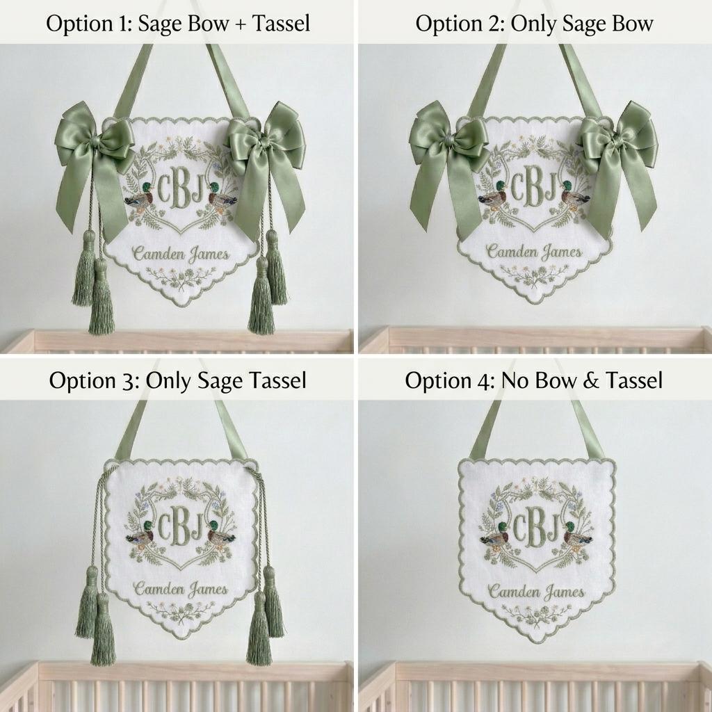 Personalized Duck Crest Name Plaque, Embroidered Monogram Sage Baby Sign, Newborn Nursery Keepsake Decor