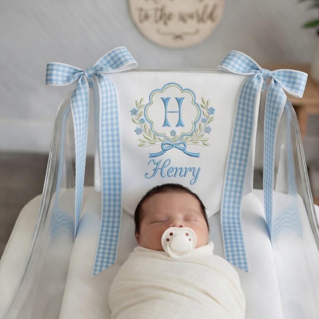 Floral Crest Gingham Baby Sign, Personalized Monogram Embroidered Plaque, Newborn Hospital Nursery Gift