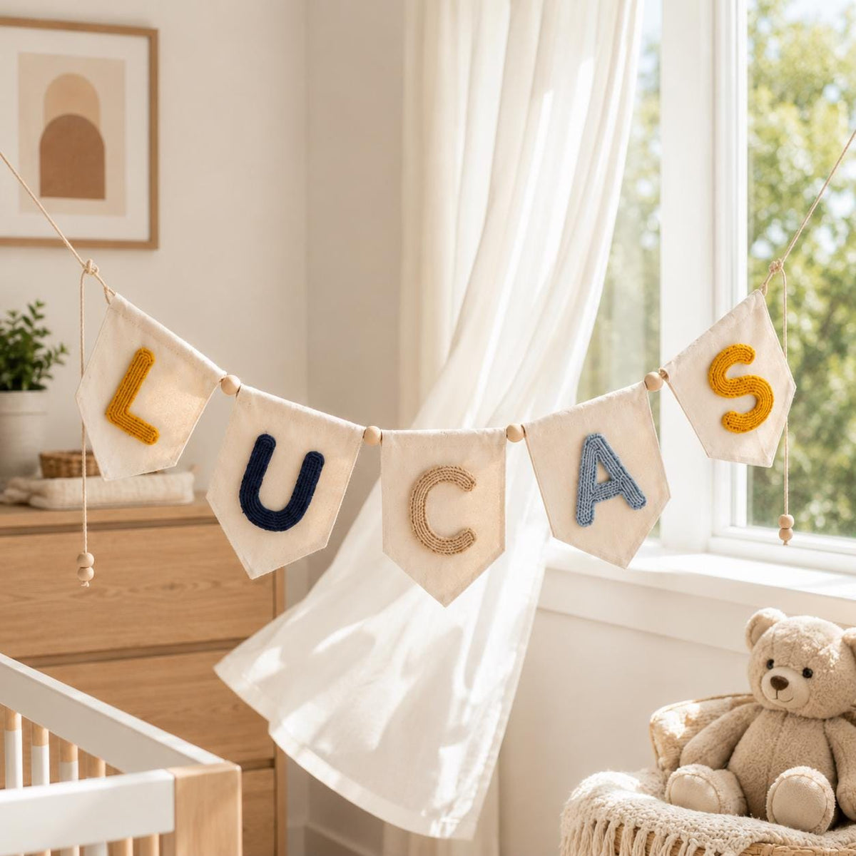Custom Yarn Name Pennant Banner, Baby Nursery Wall Garland Decor, Personalized Newborn Shower Keepsake