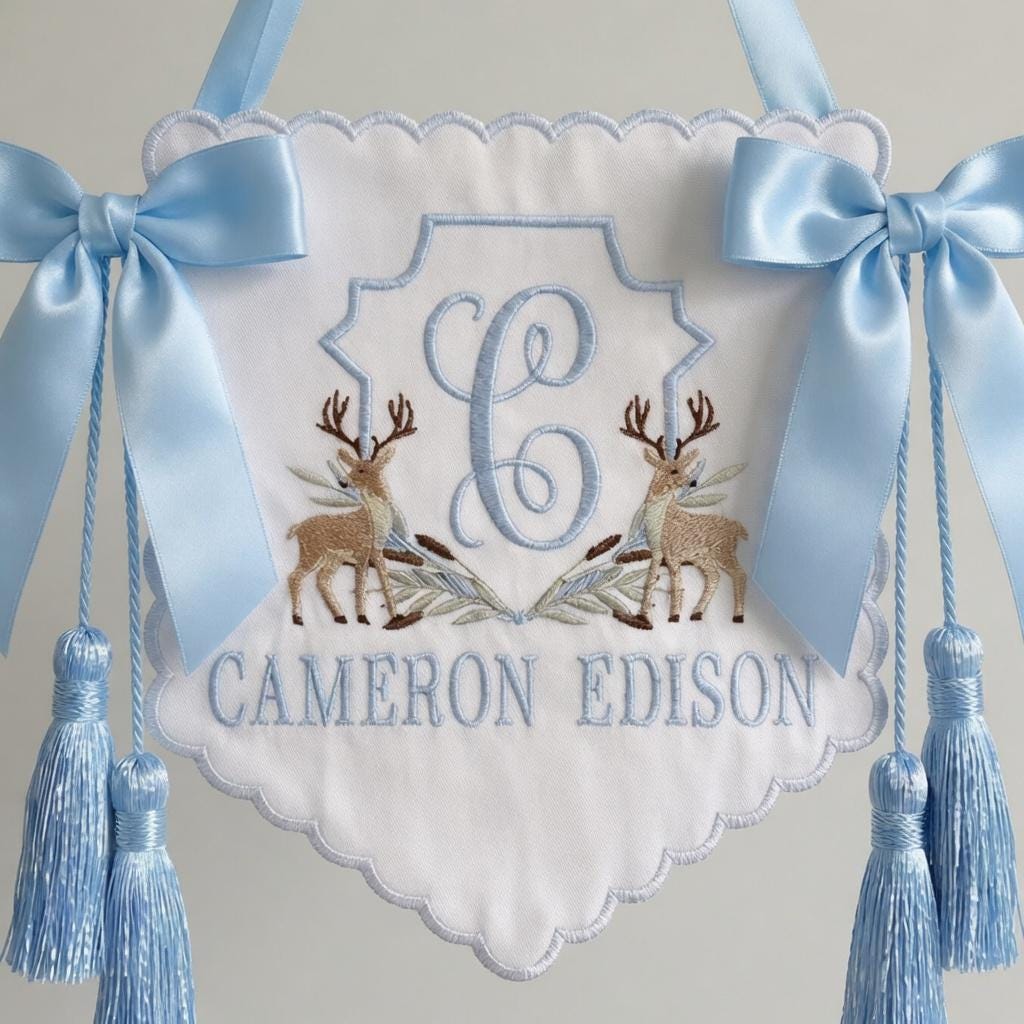 Deer Crest Monogram Baby Sign, Deer Baby Banner, Personalized Embroidered Scalloped Plaque, Blue Tassel Nursery Gift