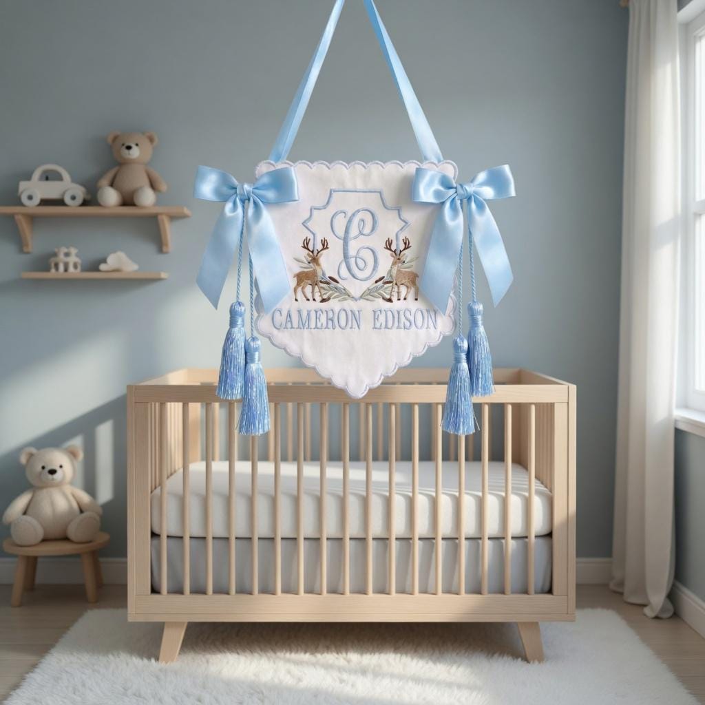 Deer Crest Monogram Baby Sign, Deer Baby Banner, Personalized Embroidered Scalloped Plaque, Blue Tassel Nursery Gift
