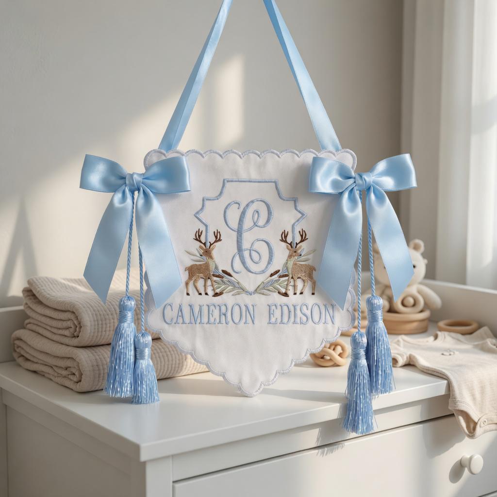 Deer Crest Monogram Baby Sign, Deer Baby Banner, Personalized Embroidered Scalloped Plaque, Blue Tassel Nursery Gift