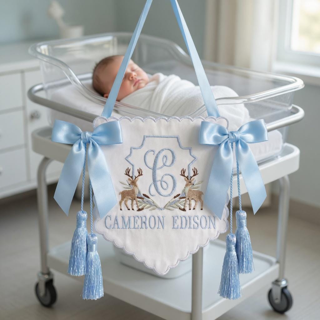 Deer Crest Monogram Baby Sign, Deer Baby Banner, Personalized Embroidered Scalloped Plaque, Blue Tassel Nursery Gift