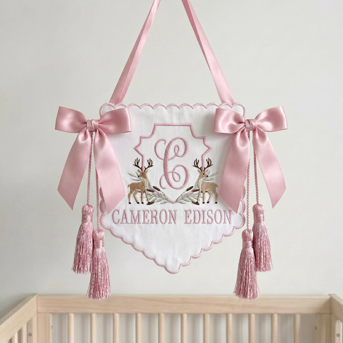 Deer Crest Monogram Baby Sign, Deer Baby Banner, Personalized Embroidered Scalloped Plaque, Blue Tassel Nursery Gift