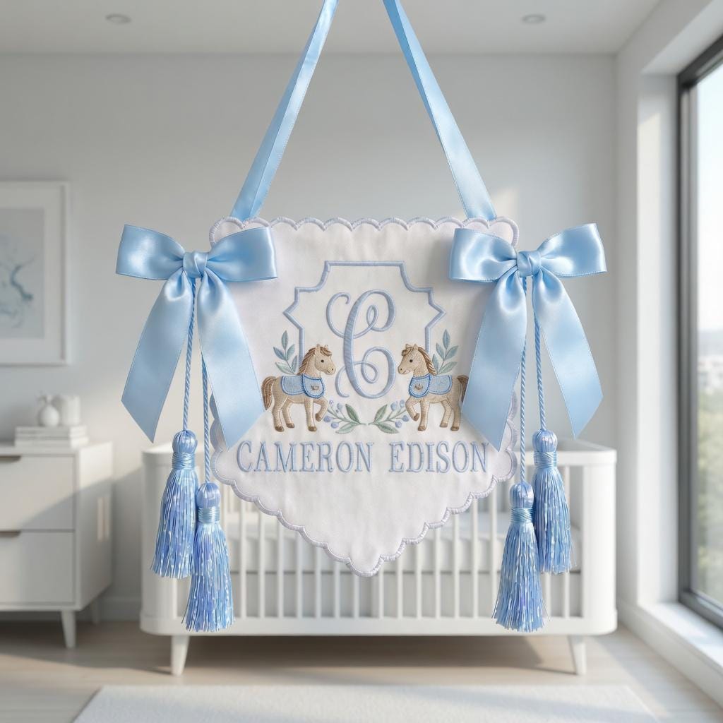Embroidered Deer Crest Baby Banner, Personalized Name Nursery Decor, Hospital Door Sign