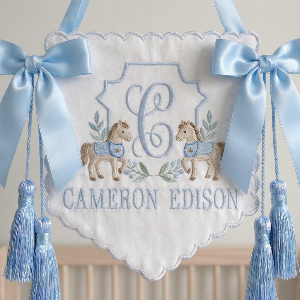 Embroidered Deer Crest Baby Banner, Personalized Name Nursery Decor, Hospital Door Sign
