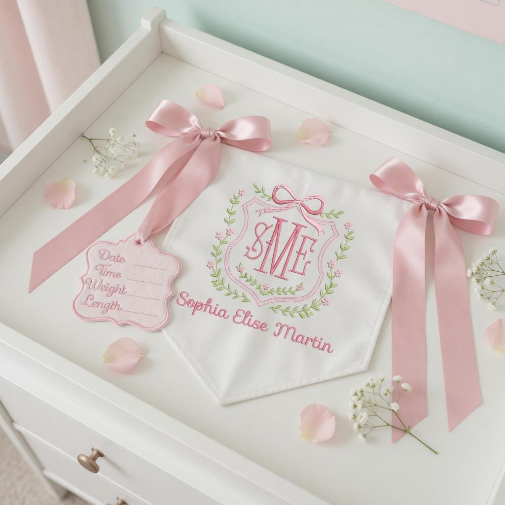 Personalized Baby Welcome Banner, Custom Birth Name Tag, Embroidered Name, Floral Wreath, Satin Bows, Hospital Door Sign