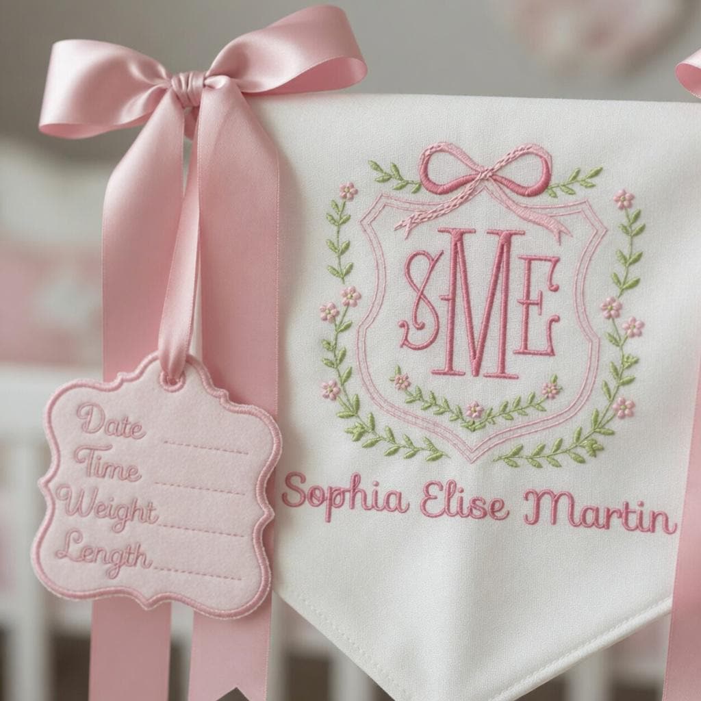 Personalized Baby Welcome Banner, Custom Birth Name Tag, Embroidered Name, Floral Wreath, Satin Bows, Hospital Door Sign