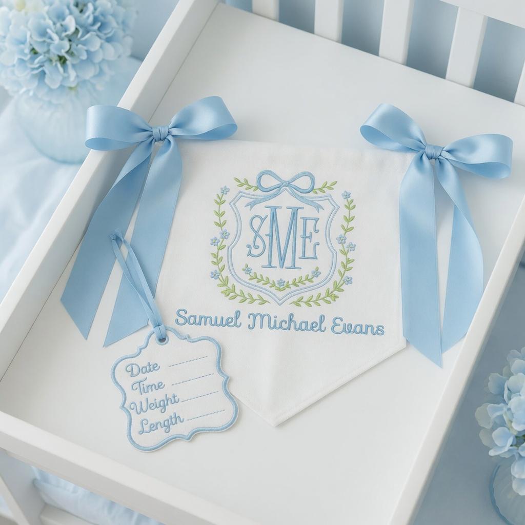 Custom Baby Banner with Birth Name Tag, Welcome Banner with Floral Crest, Bows Baby Banner, Hospital Door Sign, Baby Shower Gifts