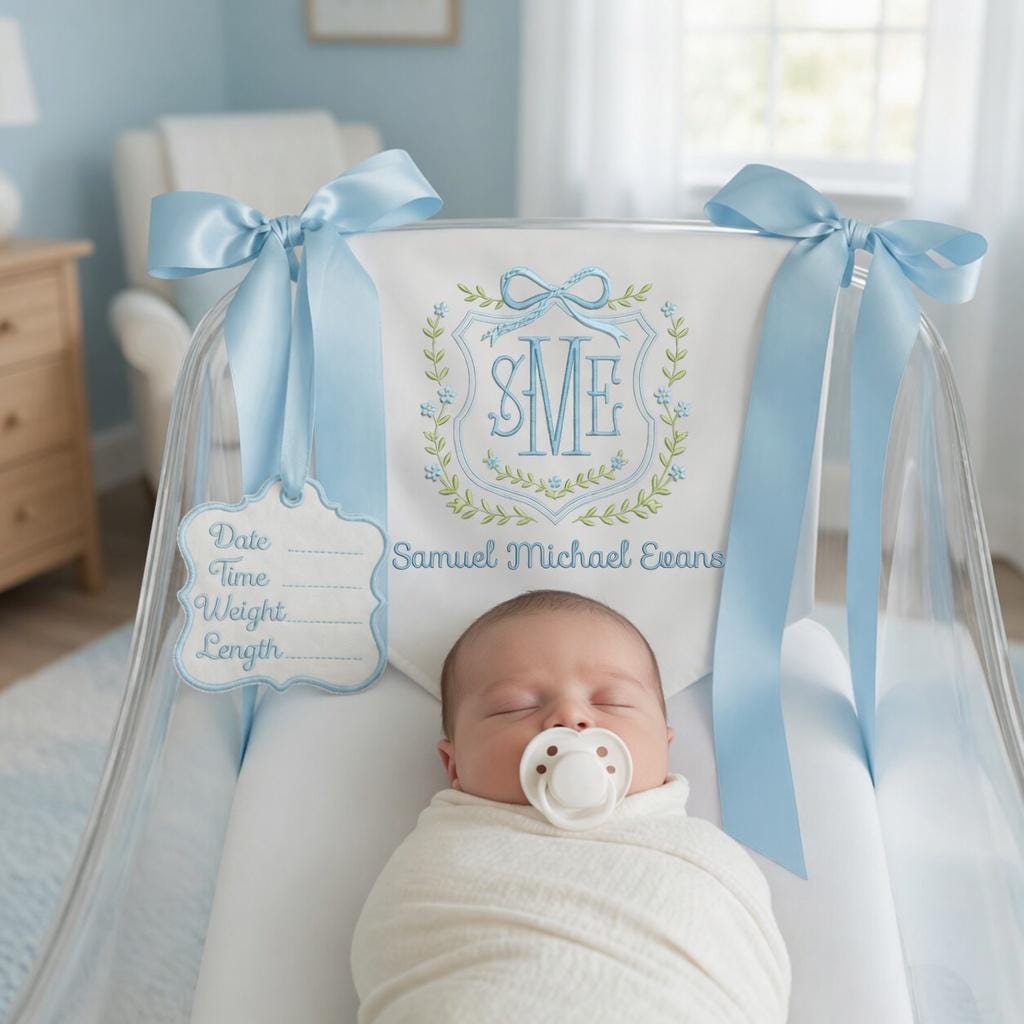 Personalized Baby Welcome Banner, Custom Birth Name Tag, Embroidered Name, Floral Wreath, Satin Bows, Hospital Door Sign