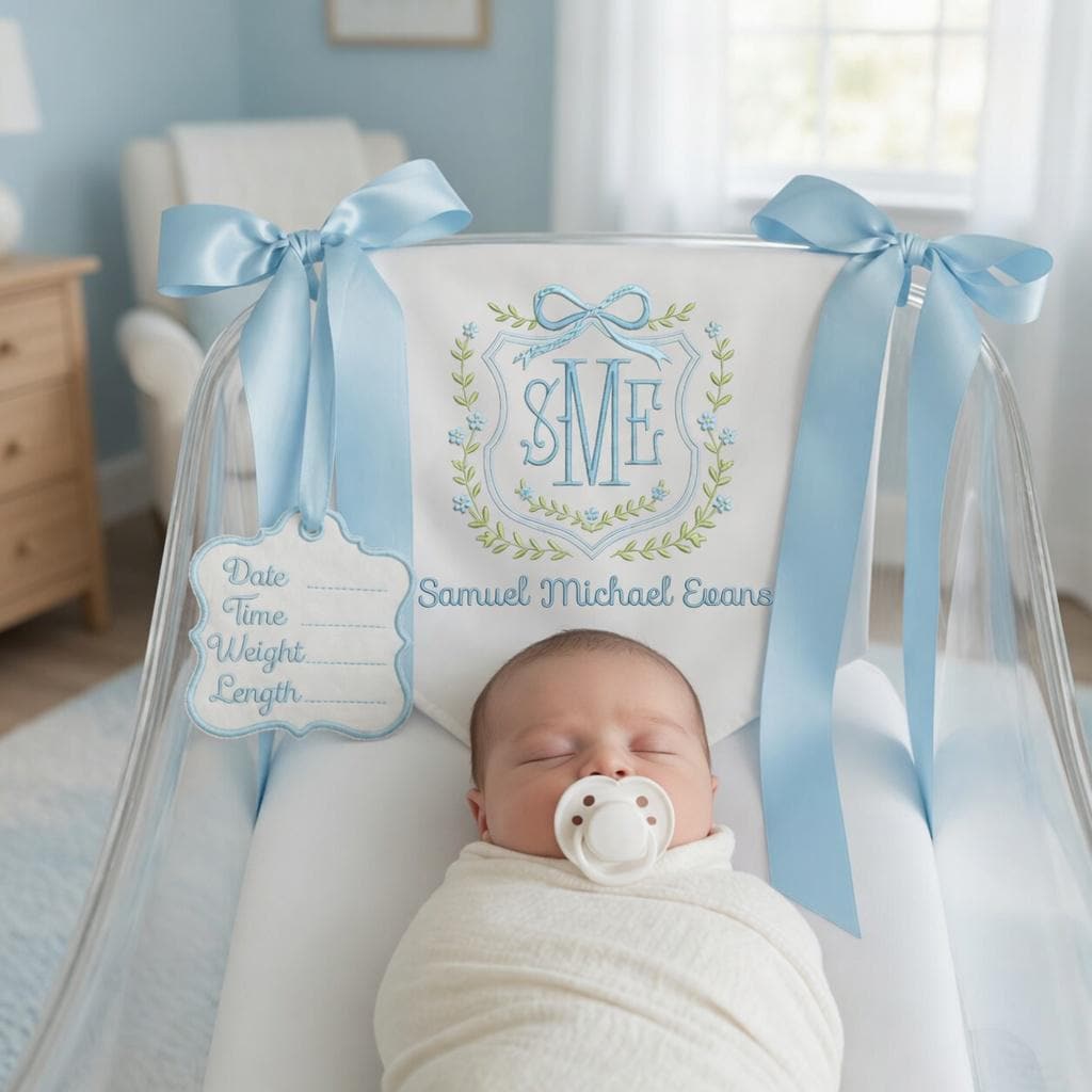 Custom Baby Banner with Birth Name Tag, Welcome Banner with Floral Crest, Bows Baby Banner, Hospital Door Sign, Baby Shower Gifts