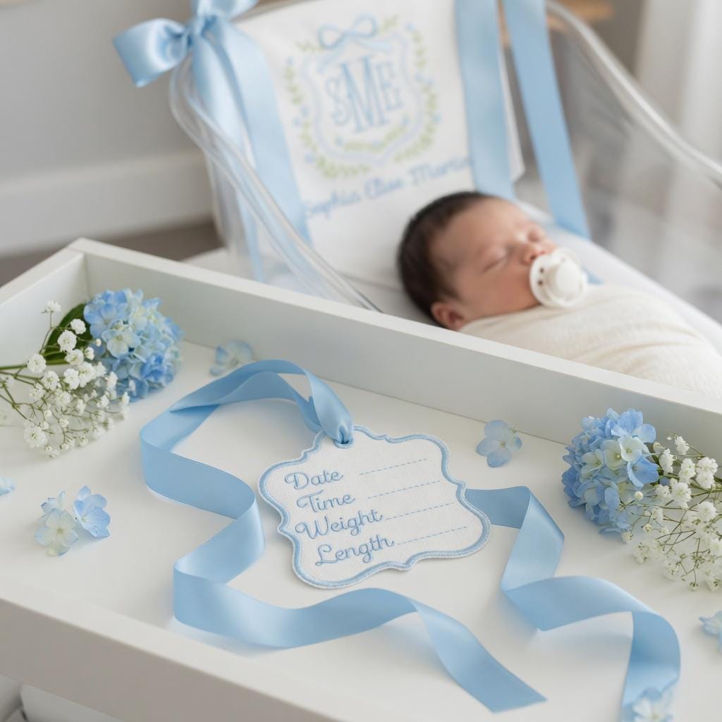 Personalized Baby Welcome Banner, Custom Birth Name Tag, Embroidered Name, Floral Wreath, Satin Bows, Hospital Door Sign