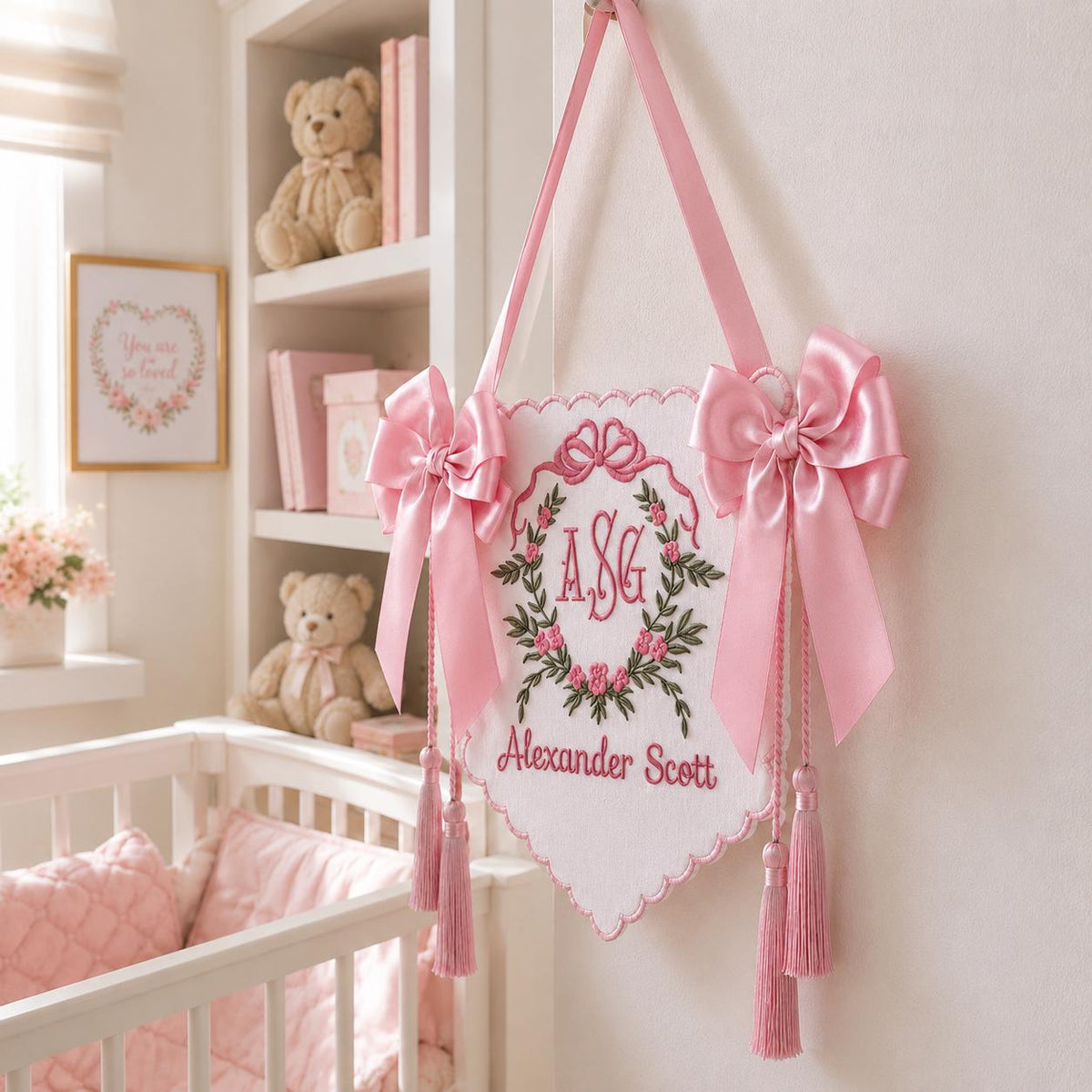 Embroidered Floral Crest Tassel Sign, Custom Monogram Baby Name Plaque, Hospital Door Newborn Keepsake