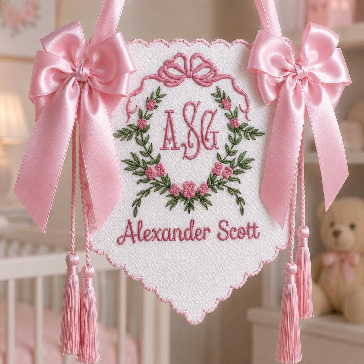 Embroidered Floral Crest Tassel Sign, Custom Monogram Baby Name Plaque, Hospital Door Newborn Keepsake