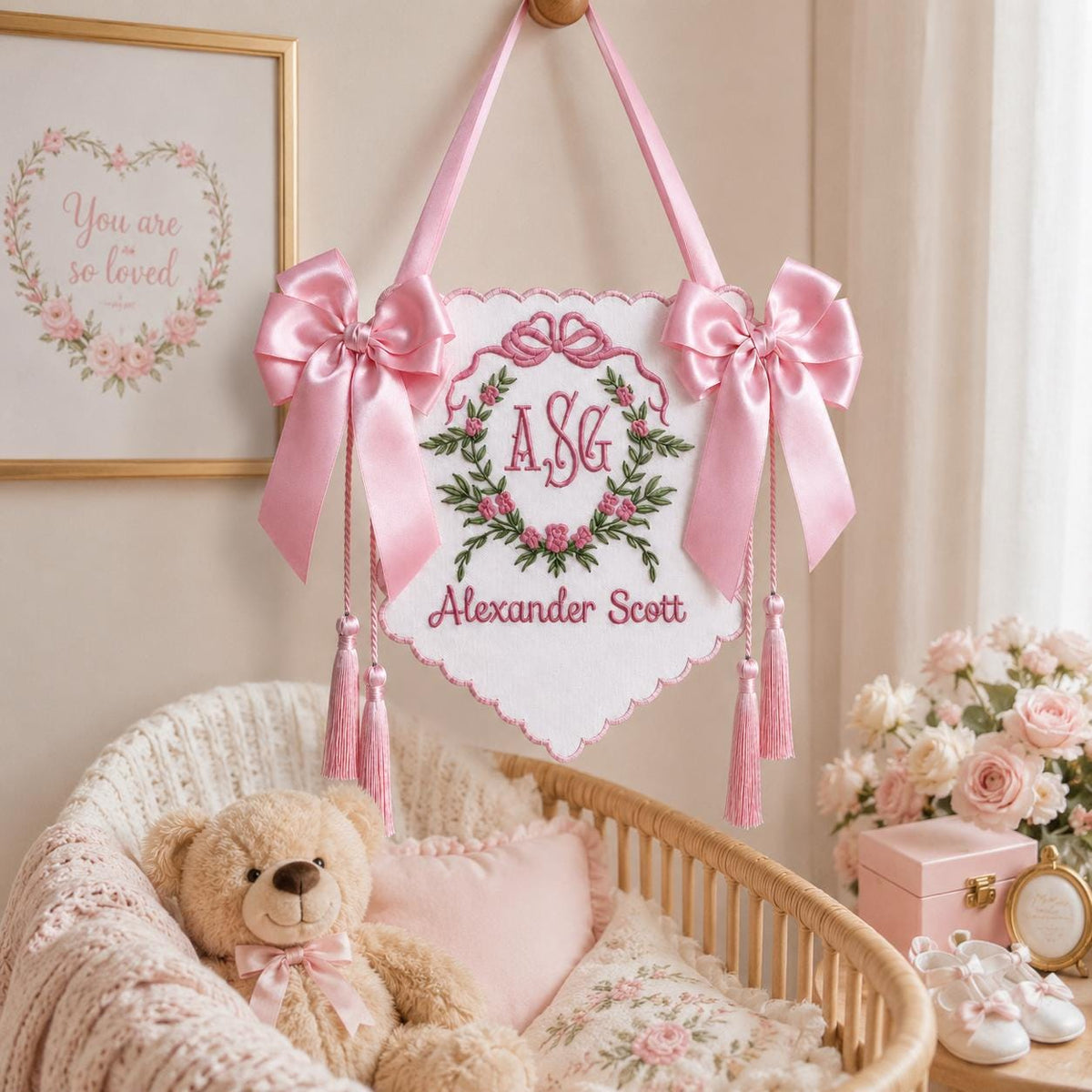Embroidered Floral Crest Tassel Sign, Custom Monogram Baby Name Plaque, Hospital Door Newborn Keepsake