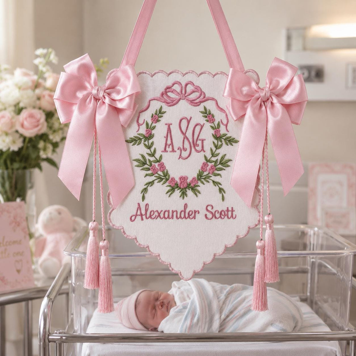 Embroidered Floral Crest Tassel Sign, Custom Monogram Baby Name Plaque, Hospital Door Newborn Keepsake
