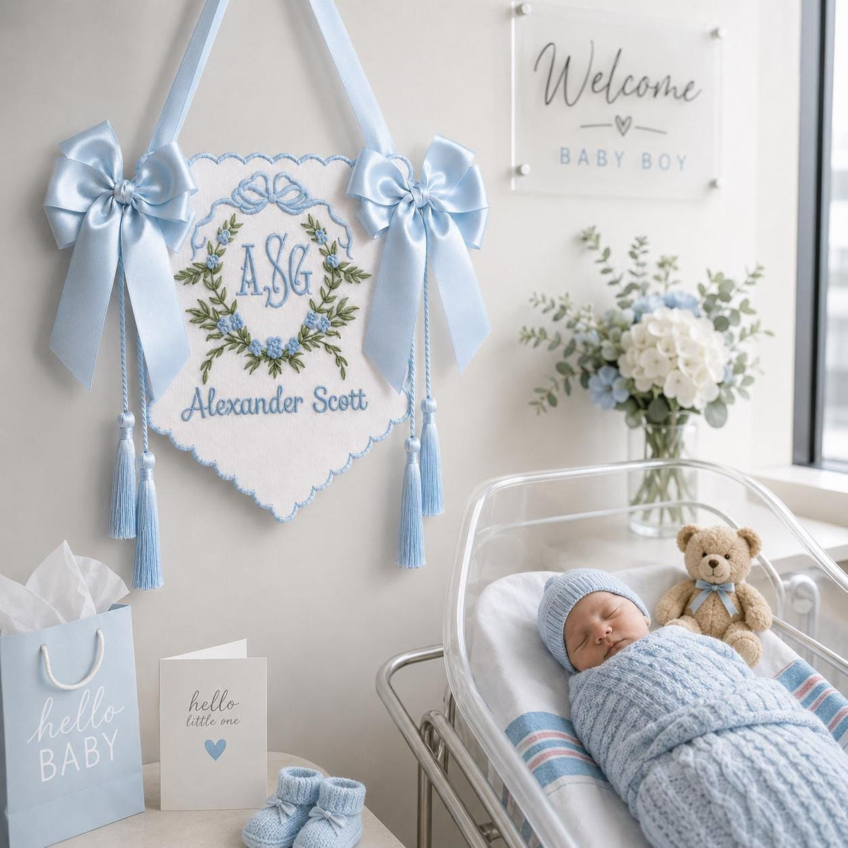 Embroidered Floral Crest Tassel Sign, Baby Banner, Personalized Name Sign for Nursery, Welcome Baby Decor, Birth Announcement Gift