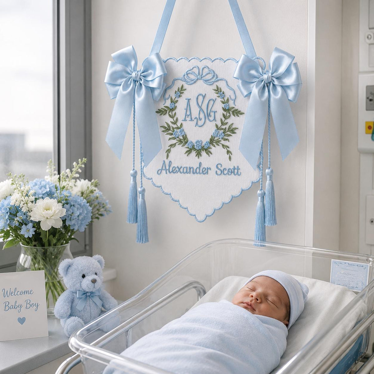 Embroidered Floral Crest Tassel Sign, Baby Banner, Personalized Name Sign for Nursery, Welcome Baby Decor, Birth Announcement Gift
