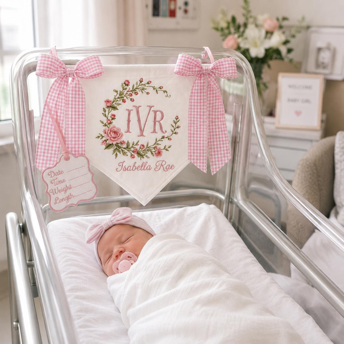 Personalized Baby Banner with Birth Name Tag, Welcome Banner with Floral Crest, Bows Baby Banner, Hospital Door Sign, Baby Shower Gifts