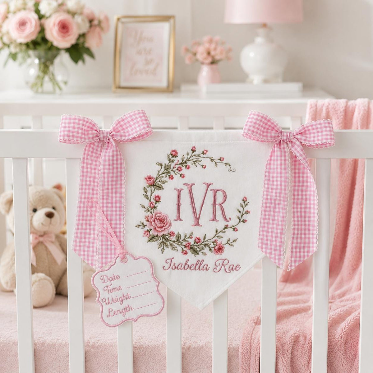 Personalized Baby Banner with Birth Name Tag, Welcome Banner with Floral Crest, Bows Baby Banner, Hospital Door Sign, Baby Shower Gifts