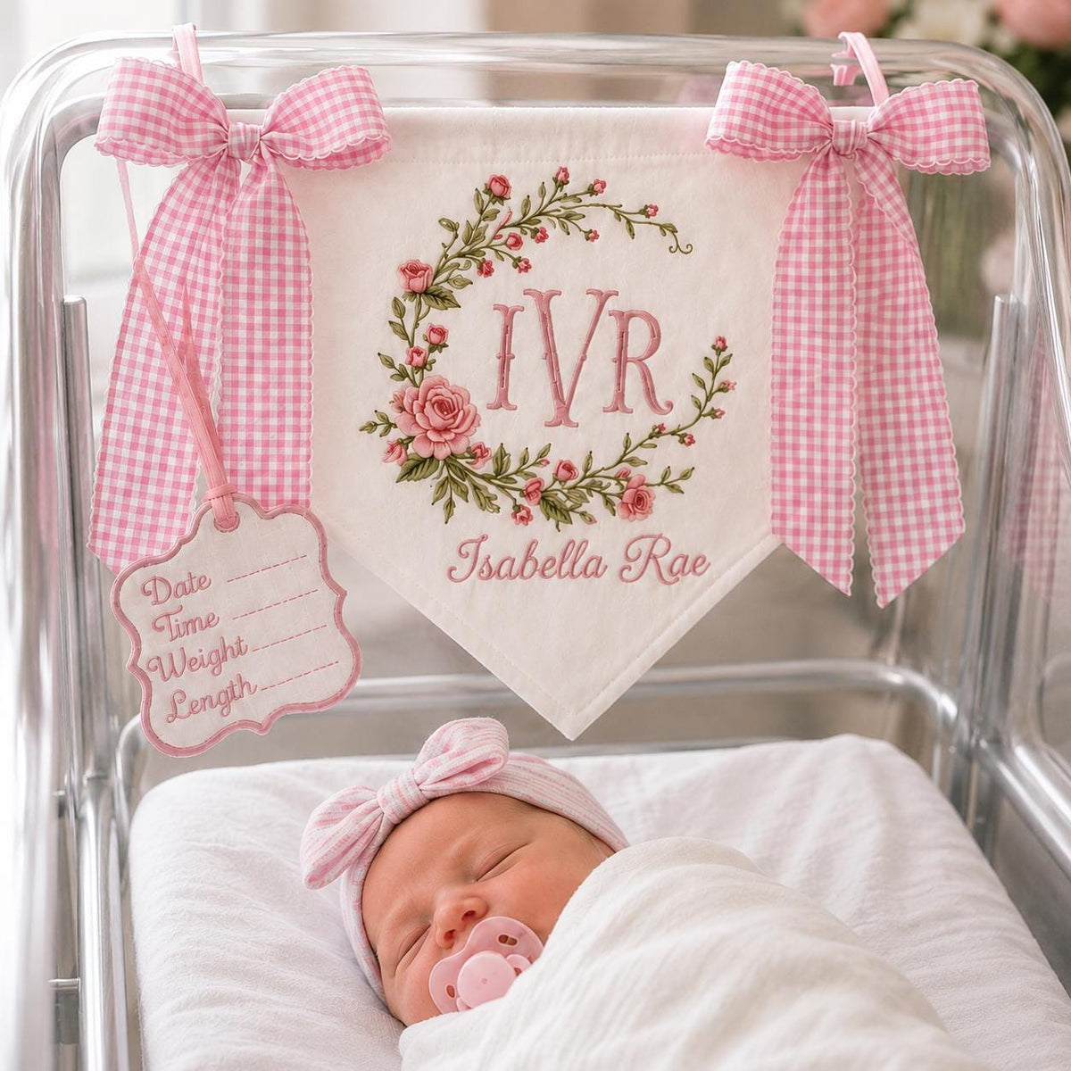 Personalized Baby Banner with Birth Name Tag, Welcome Banner with Floral Crest, Bows Baby Banner, Hospital Door Sign, Baby Shower Gifts