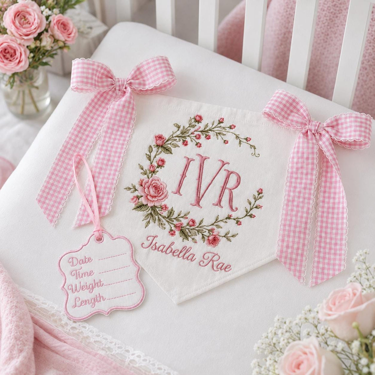 Personalized Baby Banner with Birth Name Tag, Welcome Banner with Floral Crest, Bows Baby Banner, Hospital Door Sign, Baby Shower Gifts