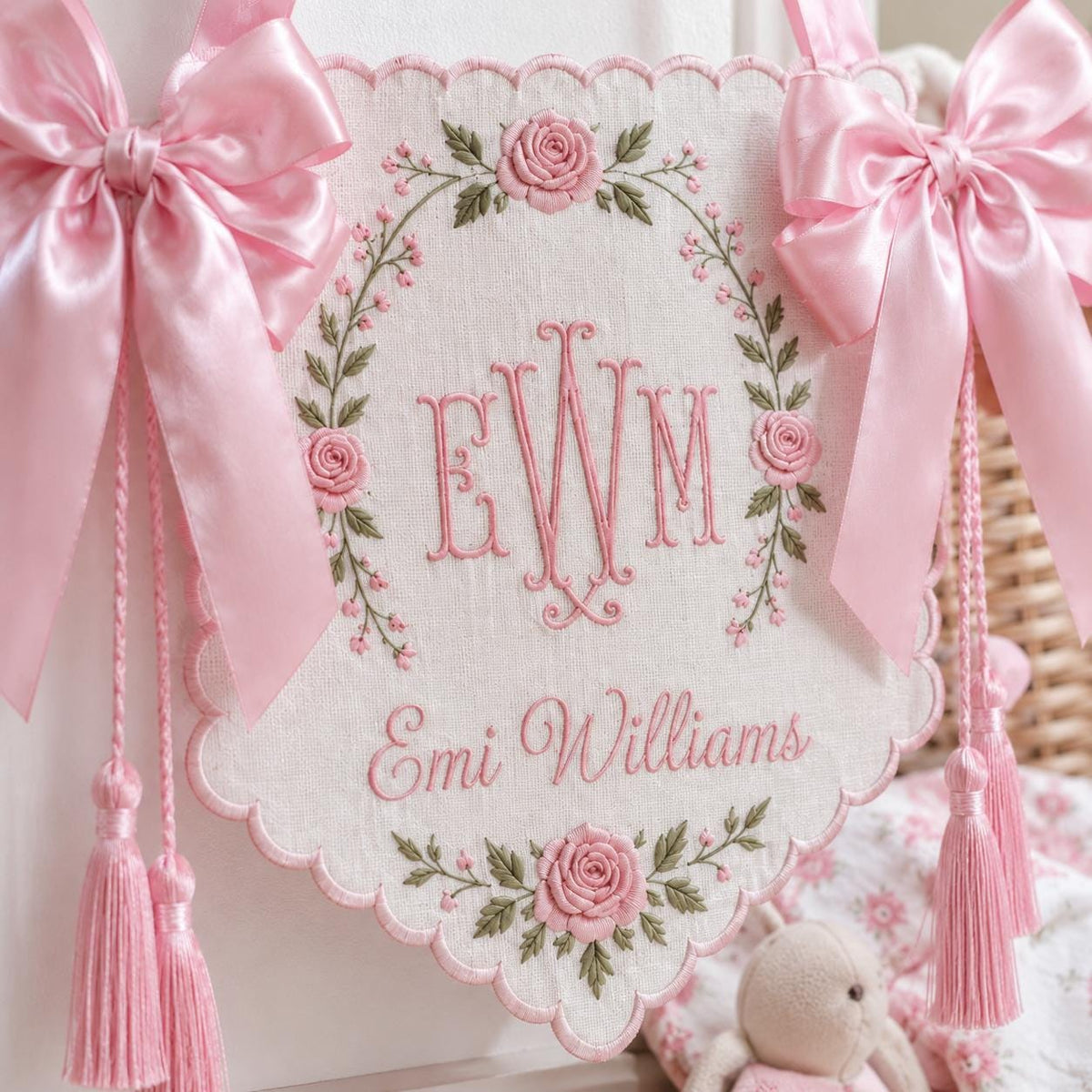 Embroidered Floral Crest Tassel Sign, Custom Monogram Baby Name Plaque, Hospital Door Newborn Keepsake