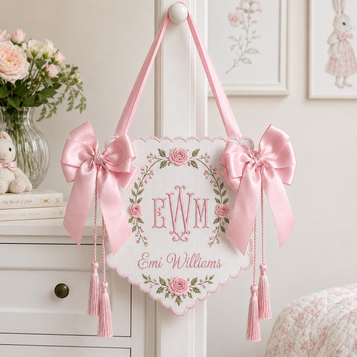Embroidered Floral Crest Tassel Sign, Custom Monogram Baby Name Plaque, Hospital Door Newborn Keepsake