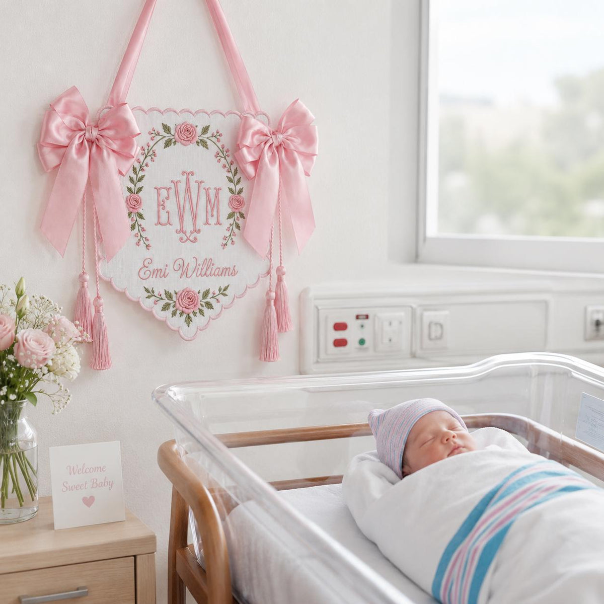 Embroidered Floral Crest Tassel Sign, Custom Monogram Baby Name Plaque, Hospital Door Newborn Keepsake