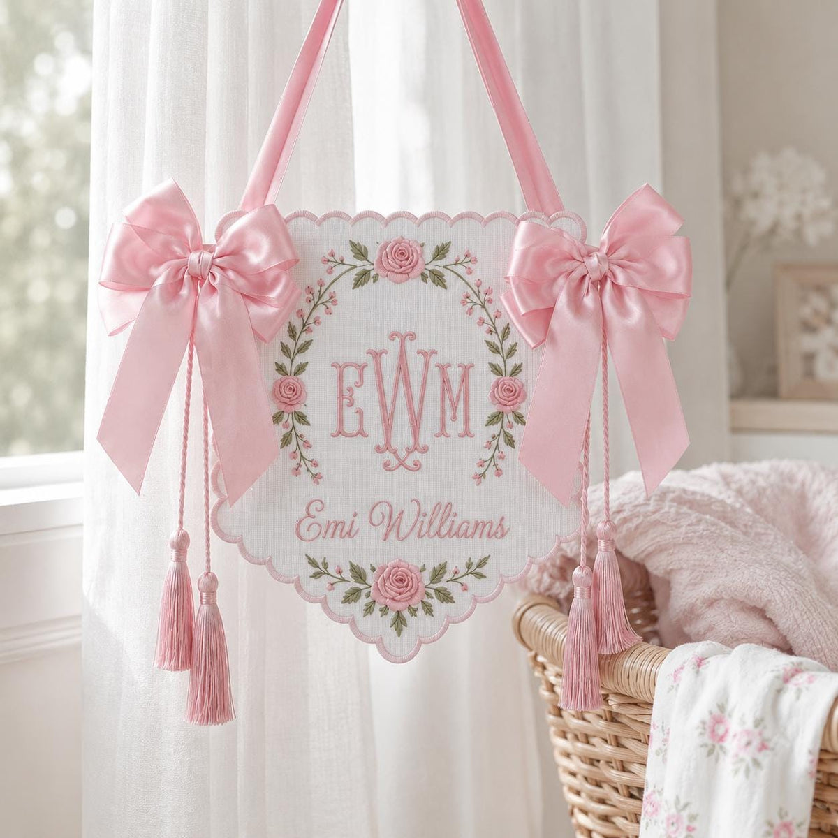 Embroidered Floral Crest Tassel Sign, Custom Monogram Baby Name Plaque, Hospital Door Newborn Keepsake