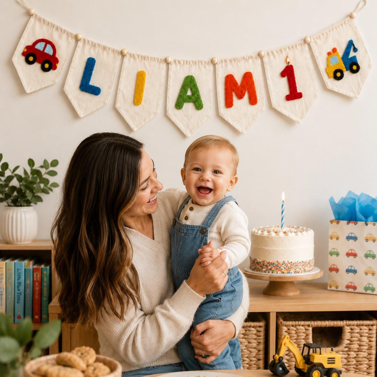 Custom Yarn Name Banner, First Birthday Pennant, Baby Boy Truck Party Decor