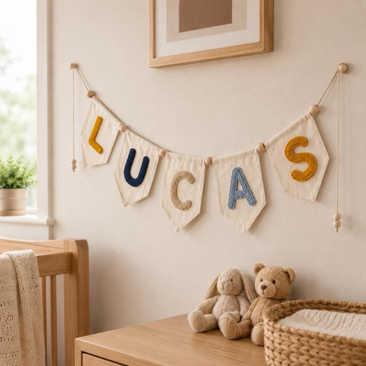 Custom Yarn Name Pennant Banner, Baby Nursery Wall Garland Decor, Personalized Newborn Shower Keepsake