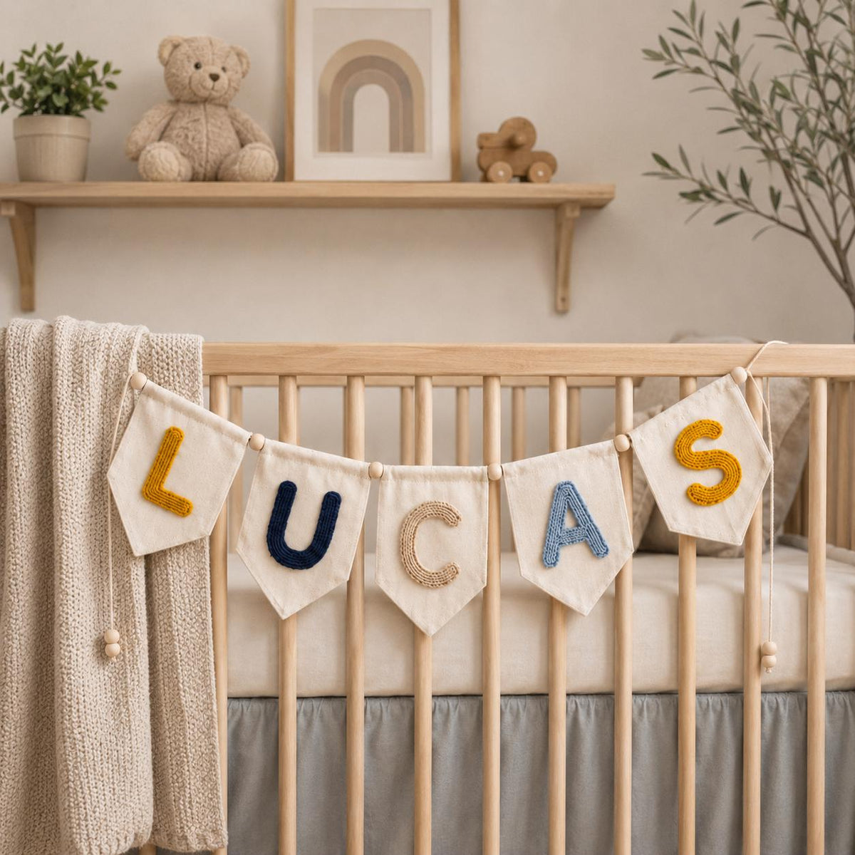 Custom Yarn Name Pennant Banner, Baby Nursery Wall Garland Decor, Personalized Newborn Shower Keepsake