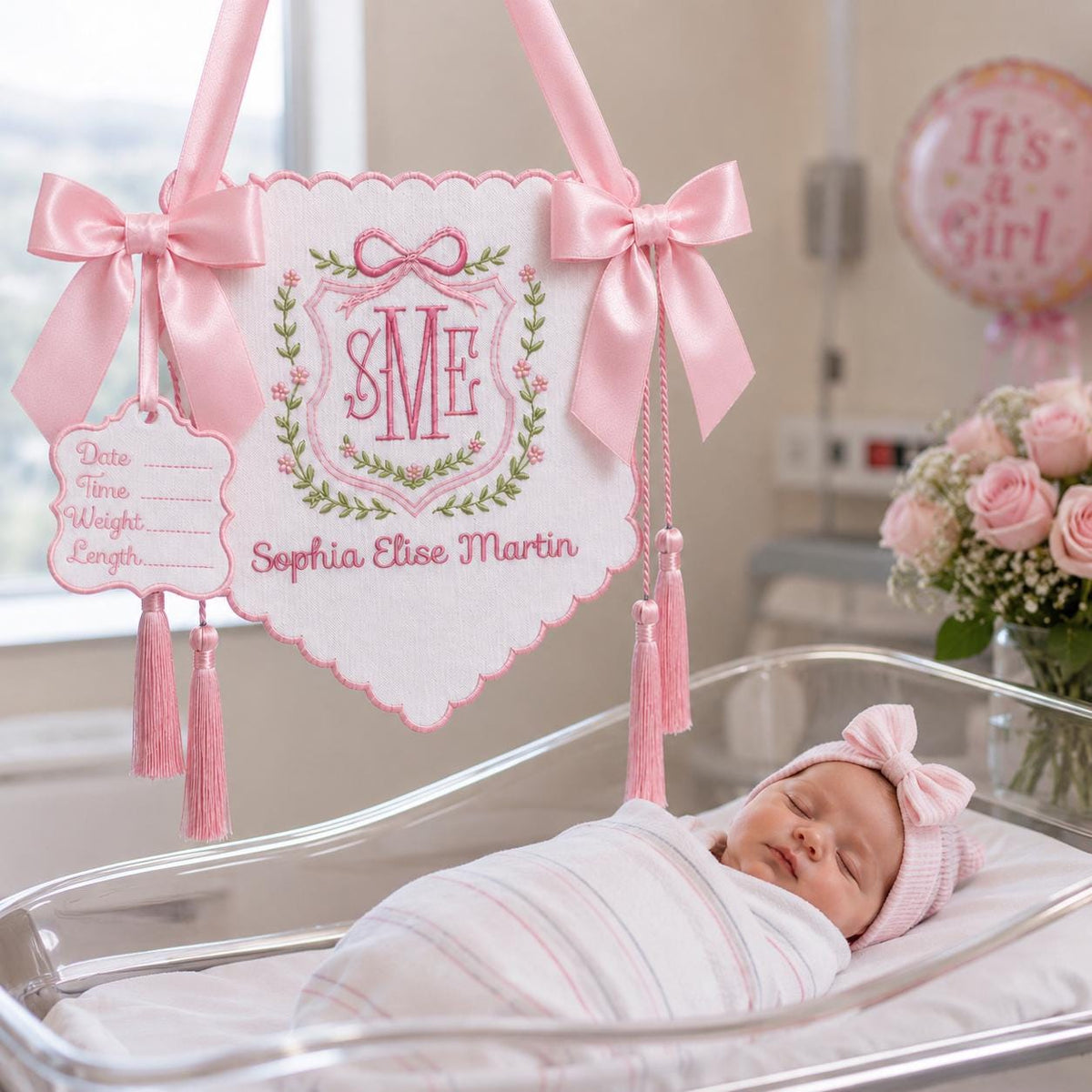 Personalized Floral Crest Tassel Sign, Baby Banner, Welcome Banner, Hospital Door Sign, Baby Shower, Bassinet or Crib Announcement
