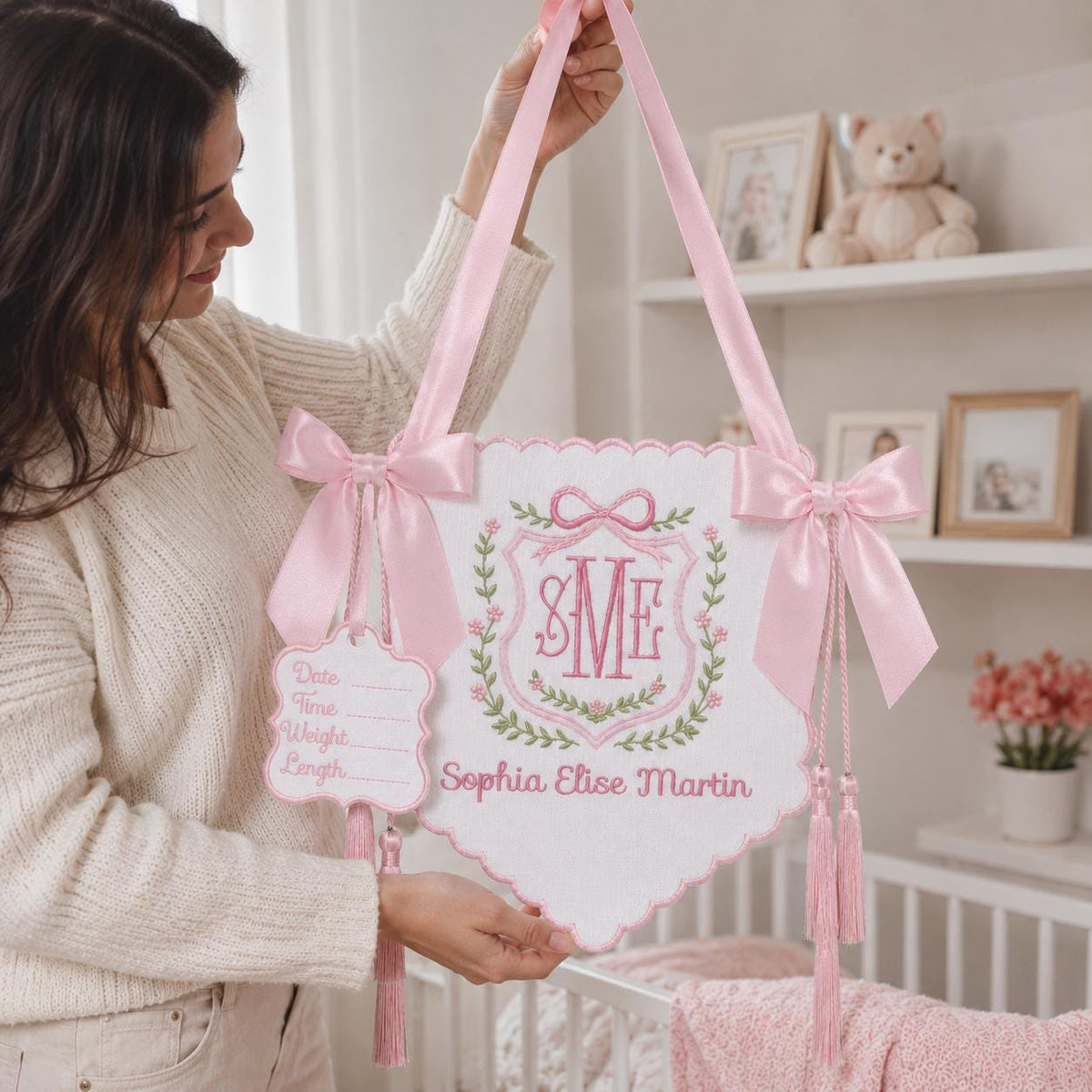 Personalized Floral Crest Tassel Sign, Baby Banner, Welcome Banner, Hospital Door Sign, Baby Shower, Bassinet or Crib Announcement