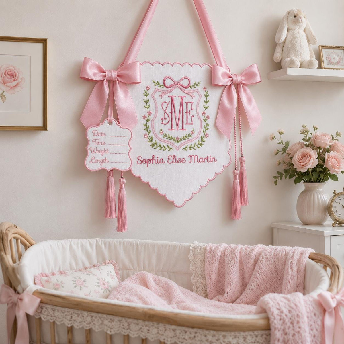 Personalized Floral Crest Tassel Sign, Baby Banner, Welcome Banner, Hospital Door Sign, Baby Shower, Bassinet or Crib Announcement