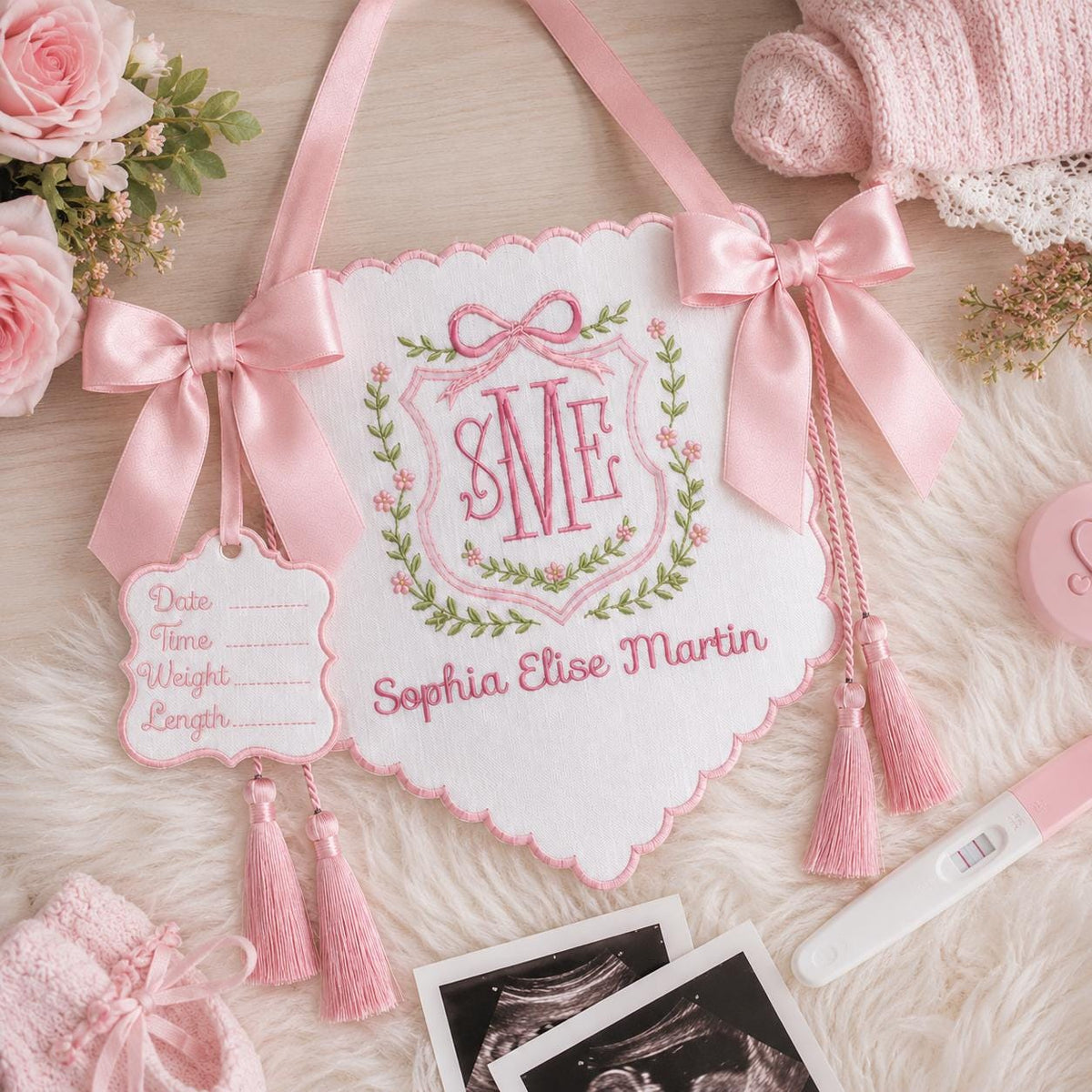 Personalized Floral Crest Tassel Sign, Baby Banner, Welcome Banner, Hospital Door Sign, Baby Shower, Bassinet or Crib Announcement