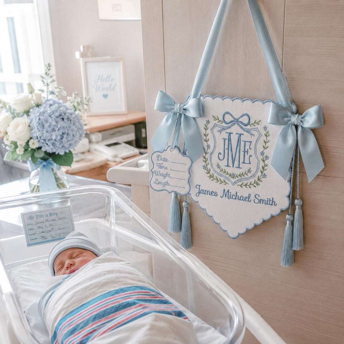 Personalized Floral Crest Tassel Sign, Baby Boy Banner, Welcome Banner, Hospital Door Sign, Baby Shower, Bassinet or Crib Announcement