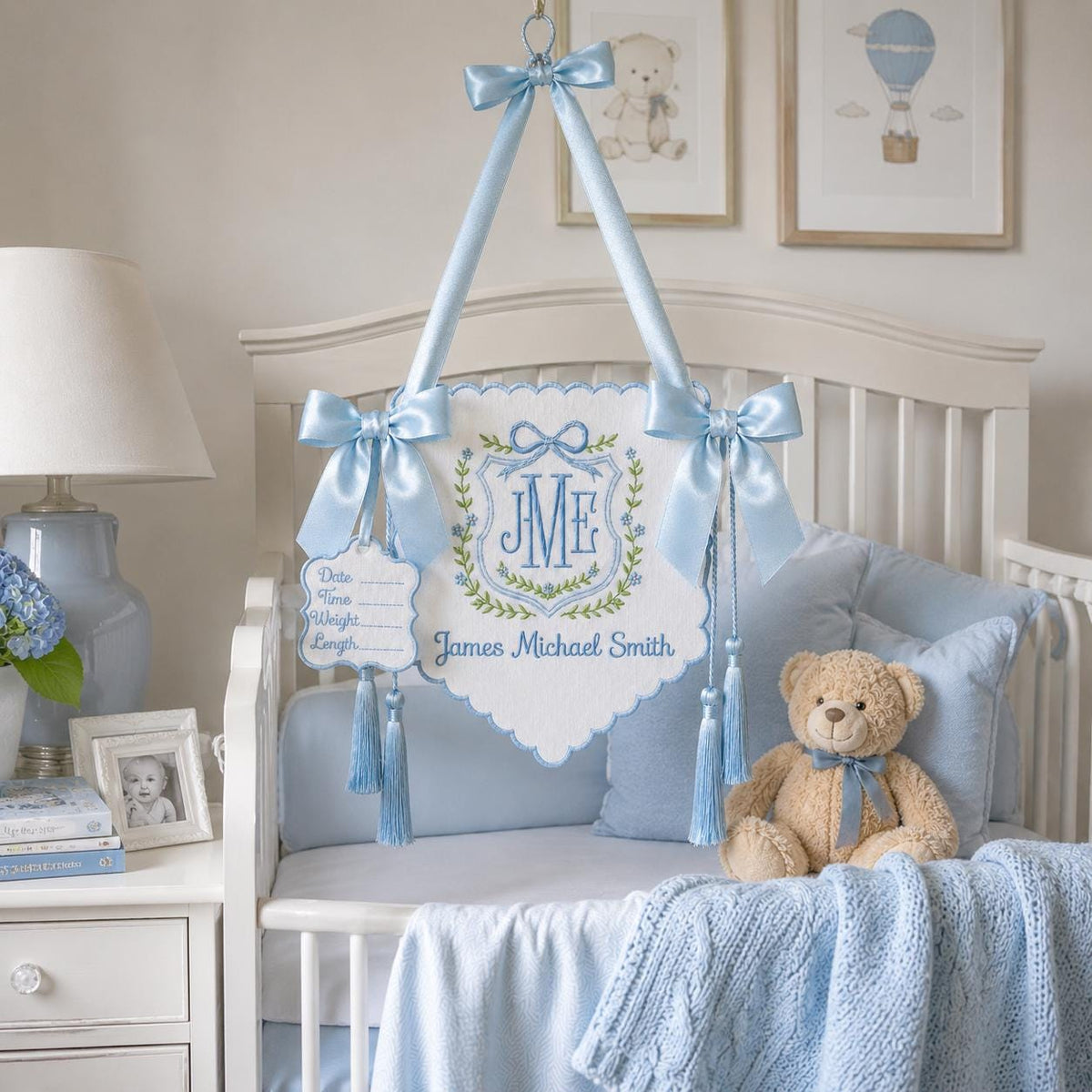Personalized Floral Crest Tassel Sign, Baby Boy Banner, Welcome Banner, Hospital Door Sign, Baby Shower, Bassinet or Crib Announcement