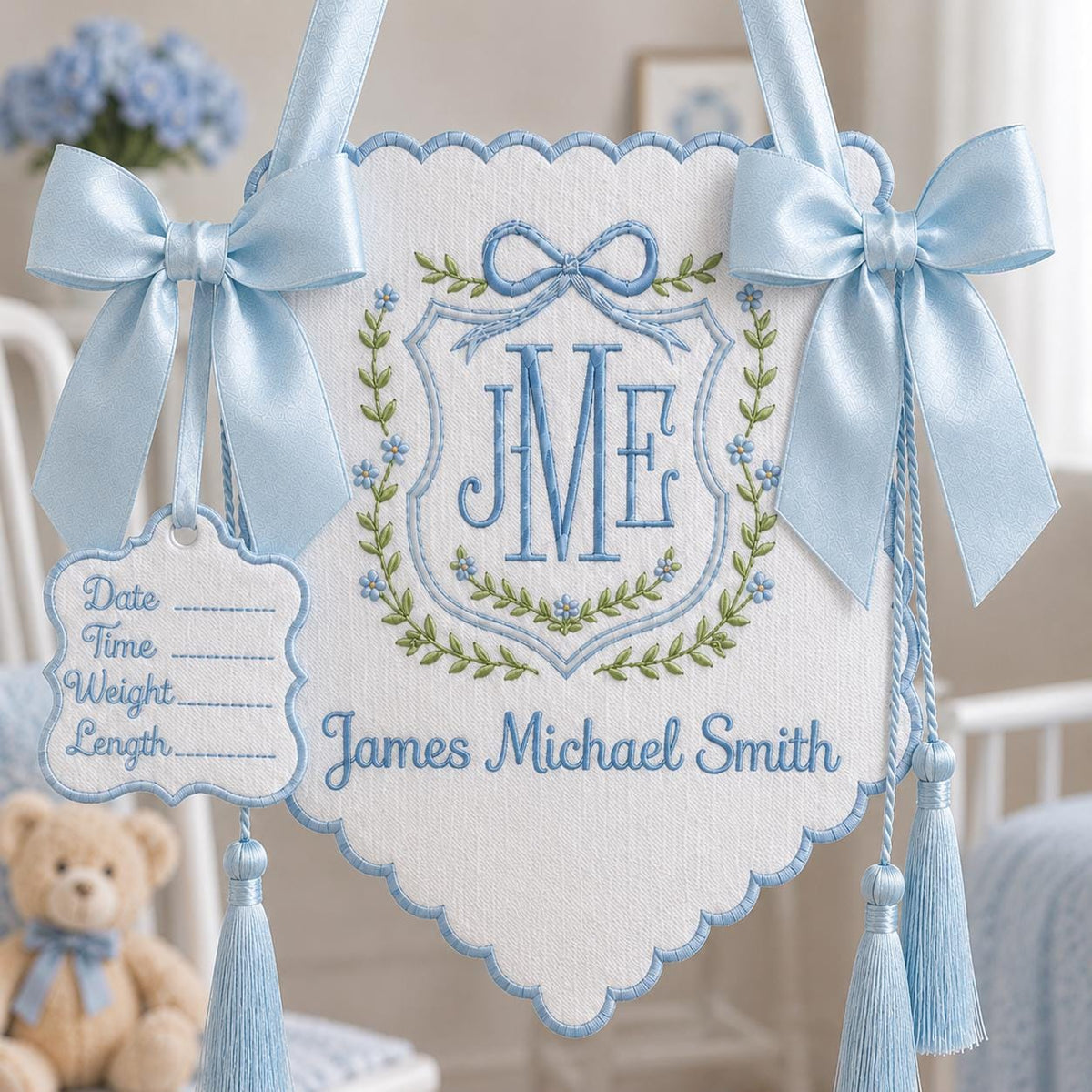 Personalized Floral Crest Tassel Sign, Baby Boy Banner, Welcome Banner, Hospital Door Sign, Baby Shower, Bassinet or Crib Announcement