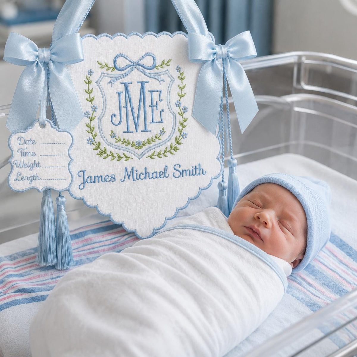 Personalized Floral Crest Tassel Sign, Baby Boy Banner, Welcome Banner, Hospital Door Sign, Baby Shower, Bassinet or Crib Announcement