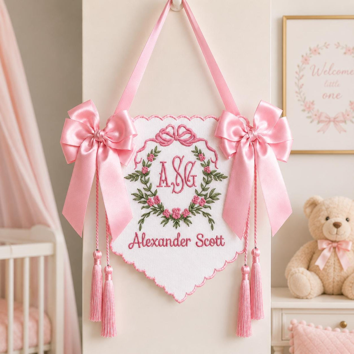 Embroidered Floral Crest Tassel Sign, Baby Banner, Personalized Name Sign for Nursery, Welcome Baby Decor, Birth Announcement Gift