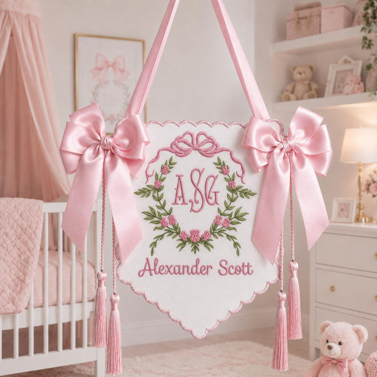 Embroidered Floral Crest Tassel Sign, Custom Monogram Baby Name Plaque, Hospital Door Newborn Keepsake