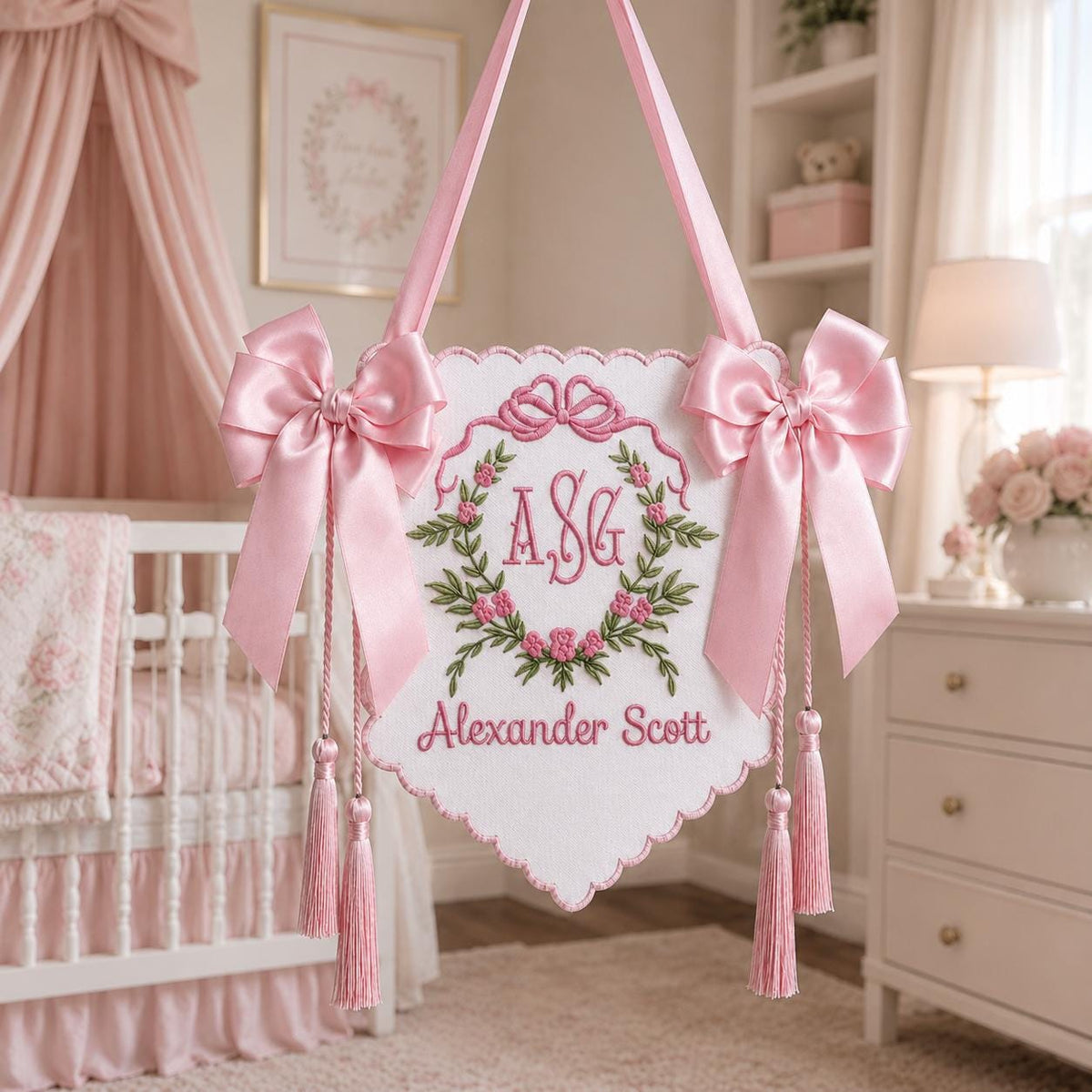 Embroidered Floral Crest Tassel Sign, Baby Banner, Personalized Name Sign for Nursery, Welcome Baby Decor, Birth Announcement Gift