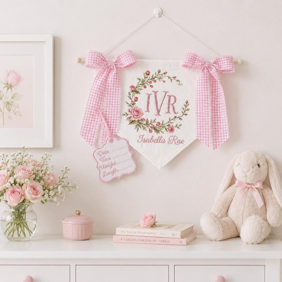 Personalized Baby Banner with Birth Name Tag, Welcome Banner with Floral Crest, Bows Baby Banner, Hospital Door Sign, Baby Shower Gifts