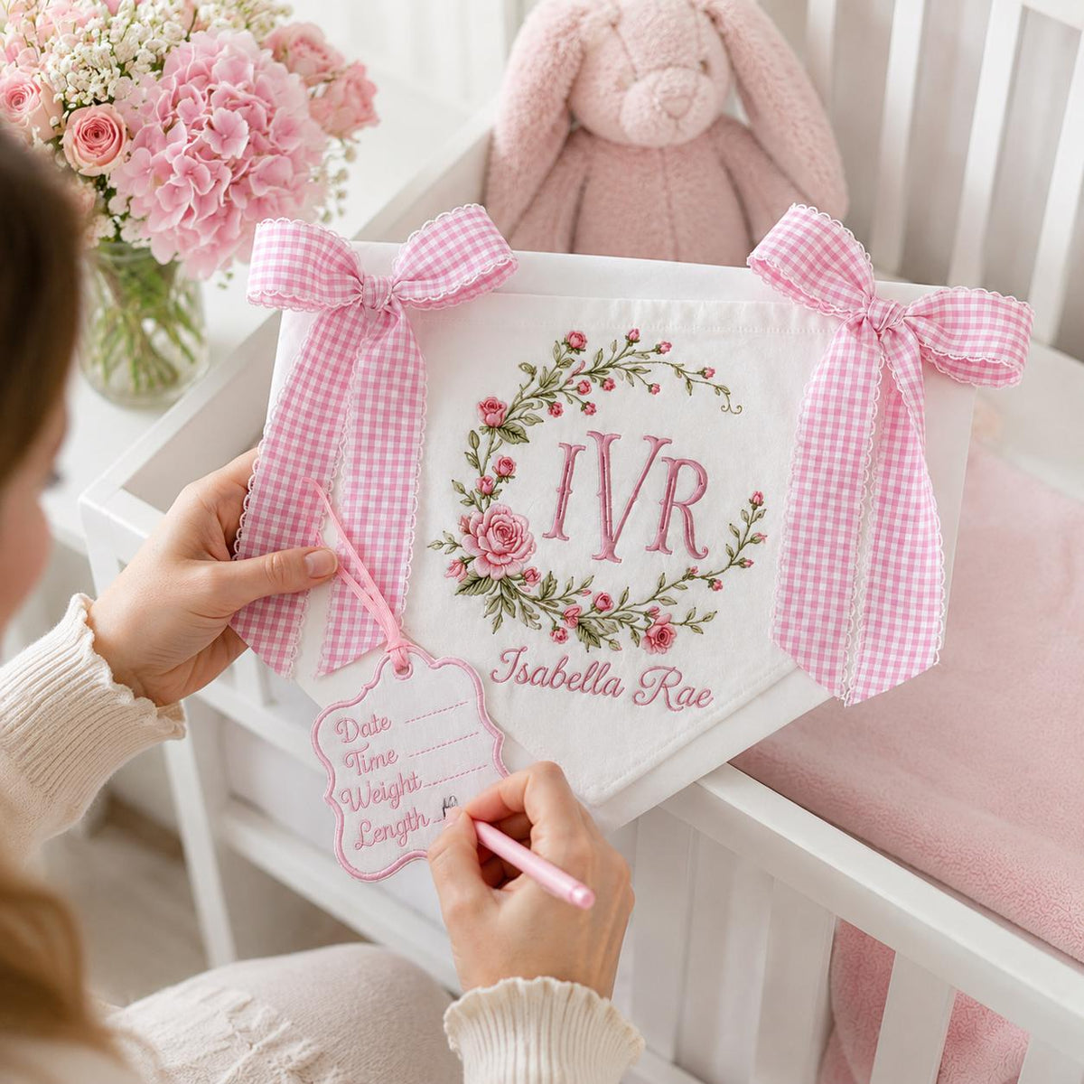 Personalized Baby Banner with Birth Name Tag, Welcome Banner with Floral Crest, Bows Baby Banner, Hospital Door Sign, Baby Shower Gifts